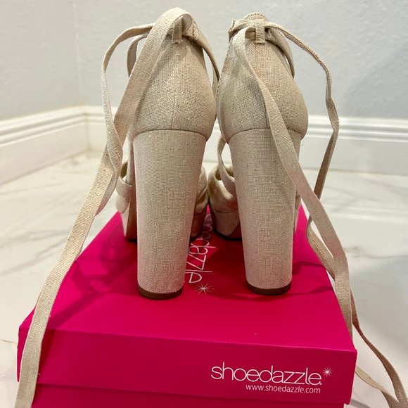 EUC Shoe Dazzle - Sherah Ankle Tie Heeled Sandal - Size 8 - Linen Color - Picture 4 of 6